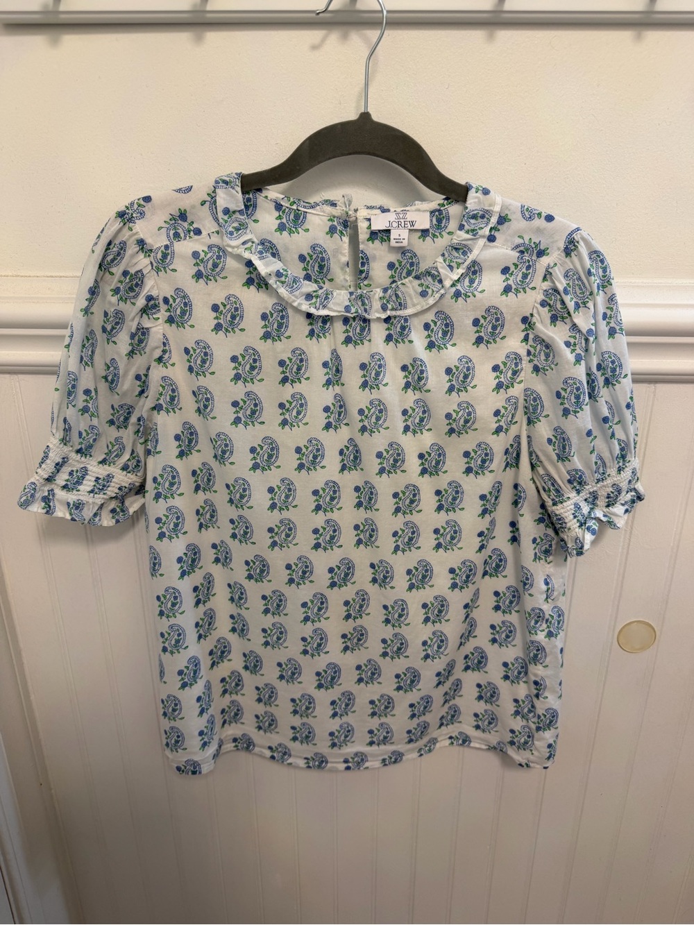 J. Crew Cream Blouse with Blue & Green Paisley Ruffle Collar